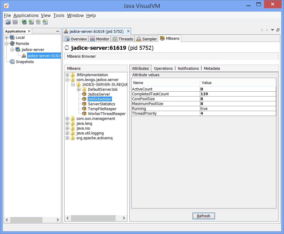 Ansicht der MBeans von jadice server in der Java
VisualVM